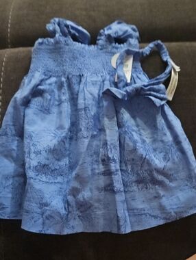 Blue Smocked Tank Top with Subtle Print